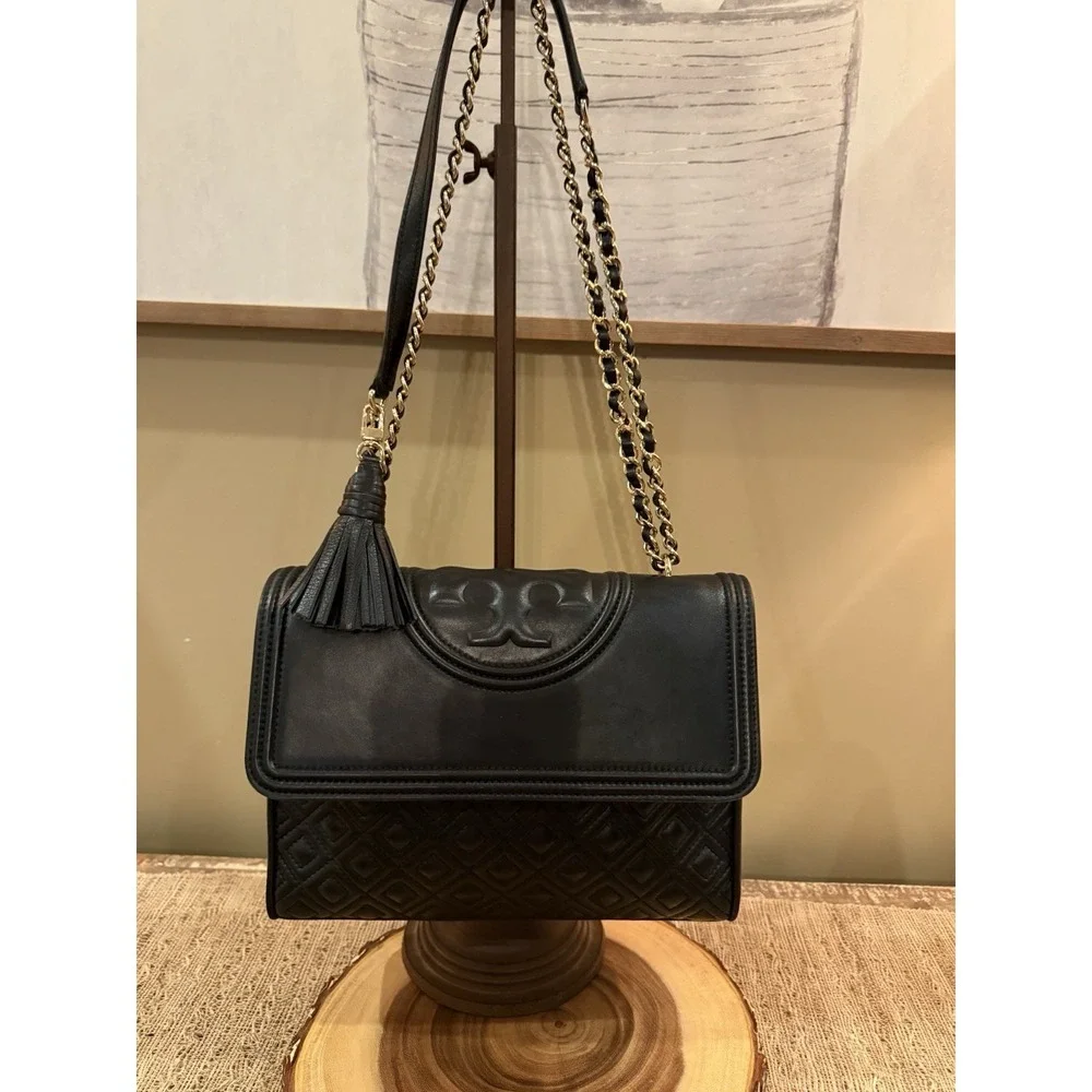 Tory Burch Fleming Black Leather Convertible Shoulder‎ Bag Quilted Tassel Large